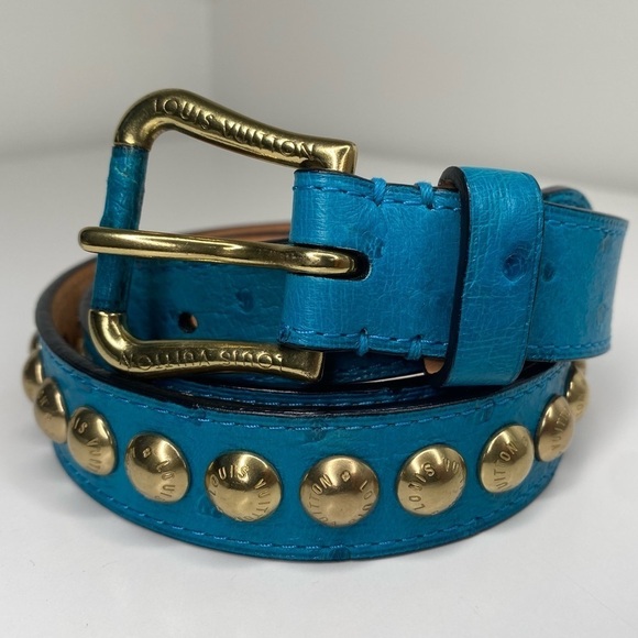 Louis Vuitton Limited Edition, Beautiful Blue Ostrich Skin Studded belt. - Picture 2 of 7